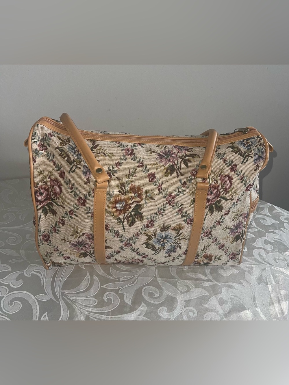 Floral Tapestry Weekender Bag with Tan Trim